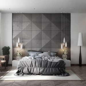 دکوراسیون طوسی و سفید اتاق خواب مدرن با دیوار تاکیدی و روتختی طوسی تیره