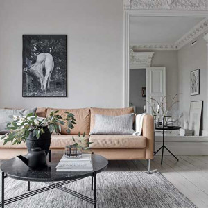 دکوراسیون طوسی نشیمن نئوکلاسیک با دیوارهای خاکستری و مبل نارنجی روشن