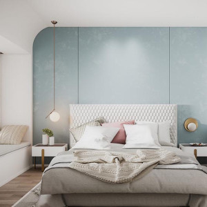 رنگ اتاق خواب آبی و سفید و طوسی با دیوار تاکیدی آبی روشن و تخت و مبلمان سفید و طوسی