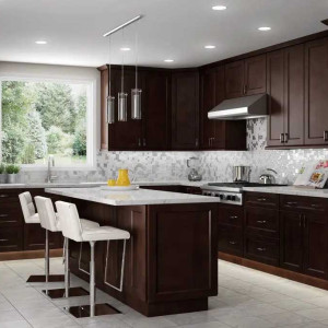 جزیره و کابینت قهوه ای تیره آشپزخانه با اپن و پیشخوان سفید مشکی