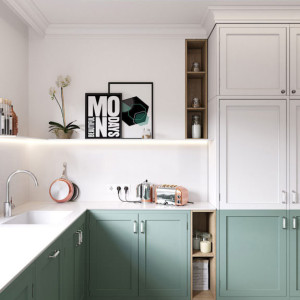 کابینت سبز و سفید ام دی اف مات در آشپزخانه نئوکلاسیک با صفحه روکابینتی سفید