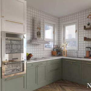کابینت سبز و سفید ام دی اف مات در آشپزخانه نئوکلاسیک با کاشی بین کابینتی سفید مشکی
