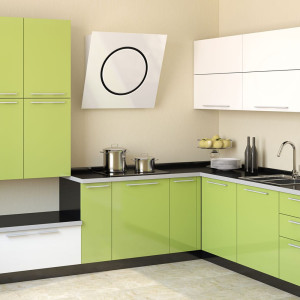 کابینت سبز و سفید ام دی اف های گلاس در آشپزخانه مدرن با روکابینتی مشکی