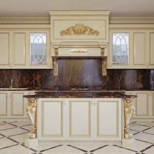 کابینت سفید طلایی مات در آشپزخانه نئوکلاسیک