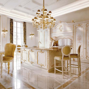 کابینت سفید طلایی مات در آشپزخانه کلاسیک لوکس