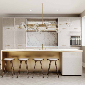 کابین سفید طلایی در آشپزخانه مدرن جزیره دار
