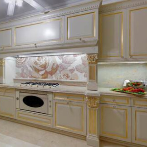 کابینت سفید طلایی در آشپزخانه مدرن جزیره دار