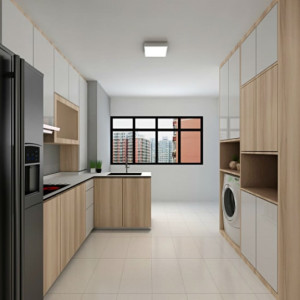 کابینت سفید و رنگ چوب روشن مات در آشپزخانه مدرن