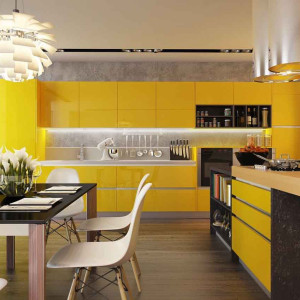 کابینت زرد ام دی اف هایگلاس در دکوراسیون آشپزخانه مدرن بزرگ