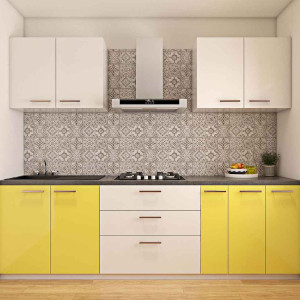 کابینت زرد و سفید ام دی اف مات در دکوراسیون آشپزخانه مدرن با کاشی بین کابینتی طوسی
