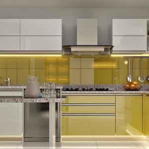 کابینت زرد و سفید ام دی اف هایگلاس در دکوراسیون آشپزخانه مدرن با بین کابینتی طوسی