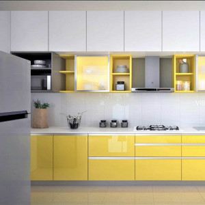 کابینت زرد و سفید ام دی اف هایگلاس در دکوراسیون آشپزخانه مدرن خطی