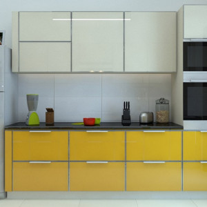 کابینت زرد و سفید ام دی اف هایگلاس در دکوراسیون آشپزخانه مدرن با کاشی های بین کابینتی سفید و روکابینتی مشکی