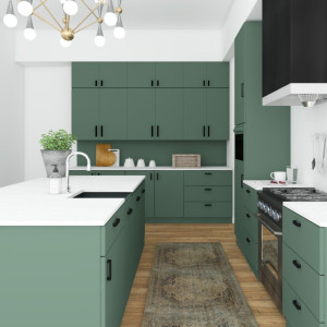 کابینت سبز تیره ام دی اف در آشپزخانه مدرن جزیره دار با روکابینتی و بین کابینتی سفید سنگی