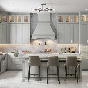 کابینت طوسی روشن ام دی اف مات در آشپزخانه نئوکلاسیک جزیره دار بزرگ