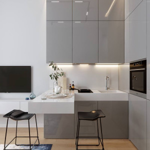 کابینت طوسی روشن ام دی اف های گلاس در آشپزخانه مدرن کوچک