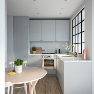 کابینت طوسی روشن ام دی اف مات در آشپزخانه مدرن با بین کابینتی سفید