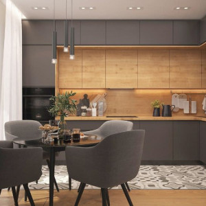 کابینت طوسی قهوه ای رنگ چوب روشن ام دی اف مات در آشپزخانه مدرن با کابینت پله ای