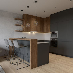 کابینت طوسی قهوه ای رنگ چوب روشن ام دی اف مات در آشپزخانه مدرن