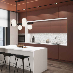 کابینت قرمز تیره ام دی اف مات در دکوراسیون آشپزخانه با کابینت پله ای و بین کابینتی سفید