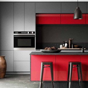 کابینت قرمز و مشکی ام دی اف مات در آشپزخانه مدرن با کابینت پله ای و جزیره