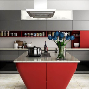 کابینت قرمز و طوسی روشن ام دی اف مات در آشپزخانه مدرن جزیره دار