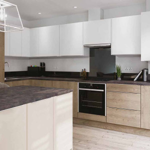 کابینت قهوه ای روشن طرح چوب و کابینت سفید ام دی اف مات در دکوراسیون آشپزخانه مدرن