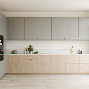 کابینت قهوه ای روشن طرح چوب و کابینت طوسی ام دی اف مات در دکوراسیون آشپزخانه مدرن