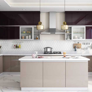 کابینت قهوه ای روشن و کابینت قرمز تیره ام دی اف هایگلاس در دکوراسیون آشپزخانه مدرن