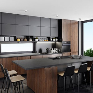 کابینت قهوه ای و طوسی ام دی اف مات در دکوراسیون آشپزخانه مدرن بزرگ جزیره دار