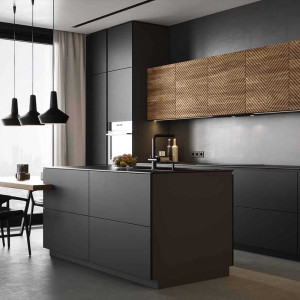 کابینت مشکی و قهوه ای ام دی اف مات در دکوراسیون آشپزخانه مدرن جزیره دار