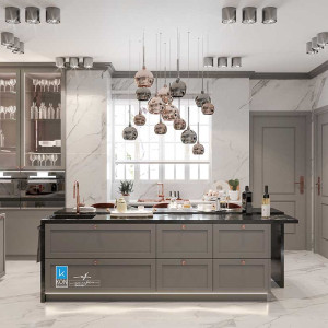 کابینت نئوکلاسیم طوسی ام دی اف مات در آشپزخانه جزیره دار