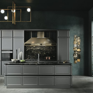 کابینت نئوکلاسیک طوسی ام دی اف مات در آشپزخانه جزیره دار