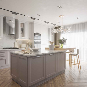 کابینت نئوکلاسیک سفید و طوسی ام دی اف مات در دکوراسیون آشپزخانه جزیره دار