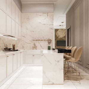 کابینت نئوکلاسیک سفید ام دی اف مات با بین کابینتی سنگ مرمر سفید