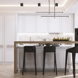 کابینت نئوکلاسیک سفید ام دی اف مات در آشپزخانه جزیره دار