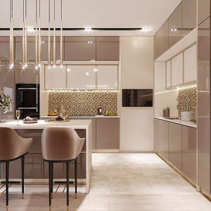 کابینت کرم قهوه ای ام دی اف هایگلاس در دکوراسیون آشپزخانه مدرن بزرگ