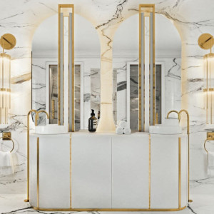 دکوراسیون سفید طلایی حمام و سرویس بهداشتی بزرگ