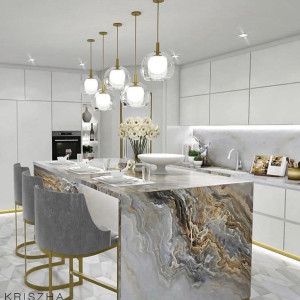 دکوراسیون سفید طلایی طوسی آشپزخانه مدرن