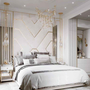 دکوراسیون سفید طلایی طوسی اتاق خواب با دیوار لمسه کاری شده