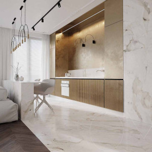 دکوراسیون سفید طلایی آشپزخانه مدرن خطی