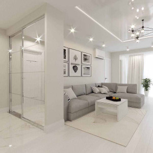 دکوراسیون سفید و طوسی هال و پذیرایی مینیمال با مبل طوسی