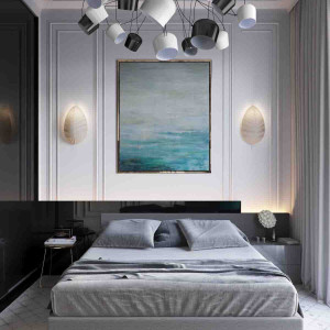 دکوراسیون سفید و طوسی و سبز آبی اتاق خواب نئوکلاسیک