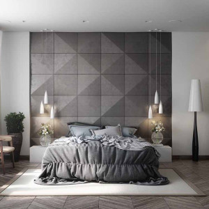 دکوراسیون سفید و طوسی اتاق خواب مدرن با دیوار تاکیدی طوسی