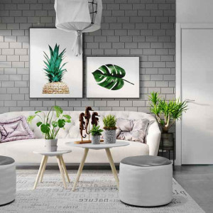 دکوراسیون سفید طوسی هال و پذیرایی مدرن با دیوار تاکیدی آجری طوسی تیره