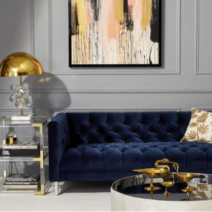 دکوراسیون آبی طلایی هال و پذیرایی نئوکلاسیک با مبل سرمه ای