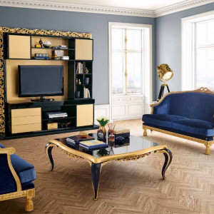 دکوراسیون آبی طلایی نشیمن با مبلمان آبی و طلایی