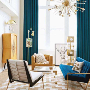 دکوراسیون آبی طلایی هال و پذیرایی بزرگ