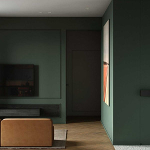 دکوراسیون سبز و قهوه ای هال و نشیمن مدرن با دیوارهای سبز و کفپوش قهوه ای