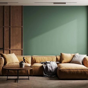 دکوراسیون سبز و قهوه ای هال و پذیرایی مدرن با دیوار سبز و مبل قهوه ای